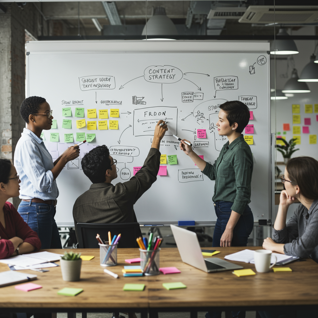 Zespół marketingowy podczas burzy mózgów nad strategią contentu na social media.