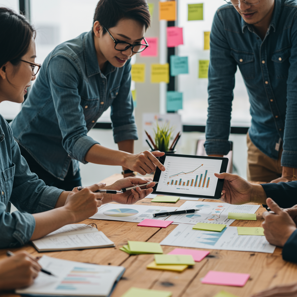 Zespół marketingowy podczas burzy mózgów nad strategią Google Ads