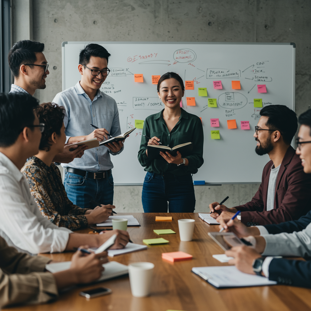 Zespół omawiający strategię content marketingową