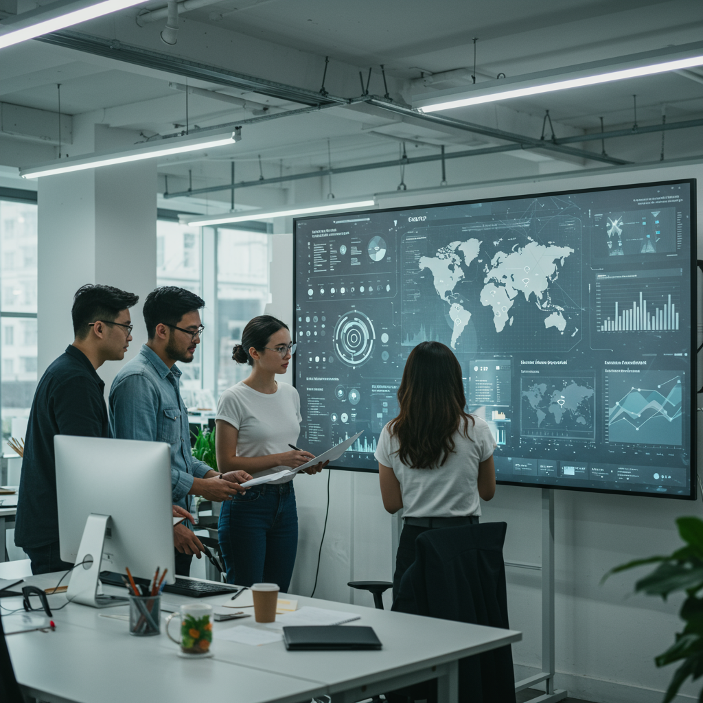 Zespół specjalistów agencji interaktywnej analizujący dane marketingowe i mapy na dużym ekranie