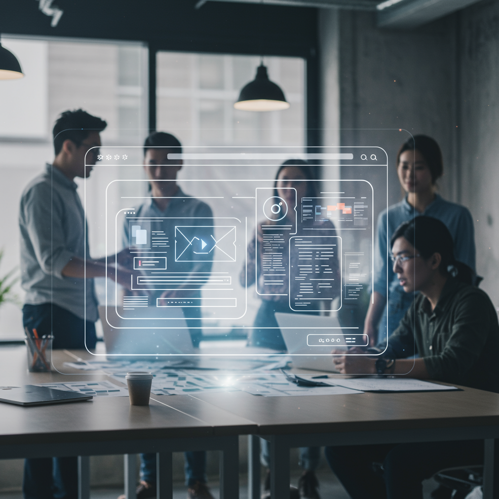 Zespół specjalistów agencji interaktywnej pracujący nad projektem nowoczesnej strony internetowej, symbolizującej architekturę cyfrowego sukcesu.