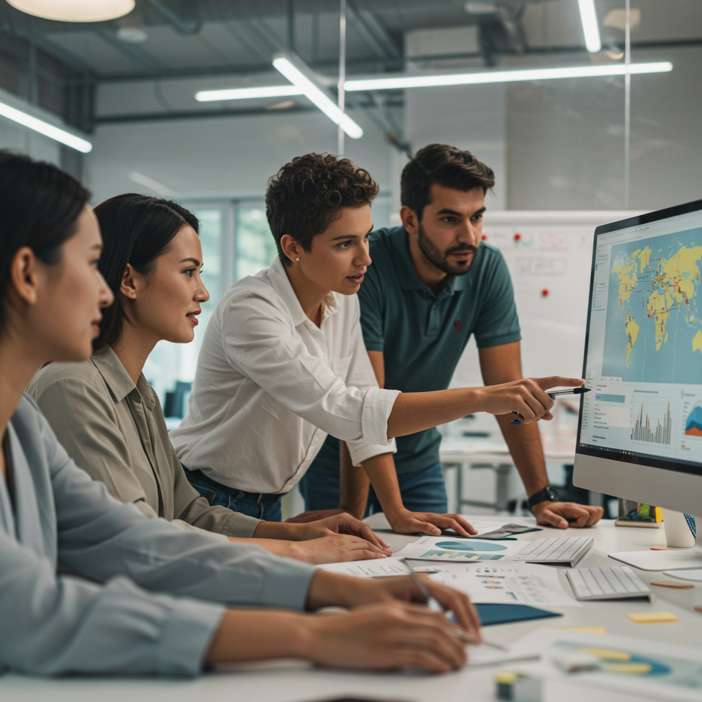 Zespół specjalistów analizujący dane dotyczące lokalnej widoczności w Google Maps