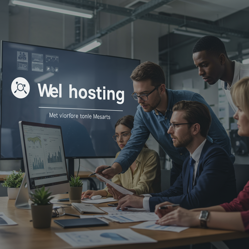 Zespół specjalistów analizujący dane na dużym ekranie w nowoczesnym biurze, symbolizujący strategiczne planowanie rozwiązań hostingowych.