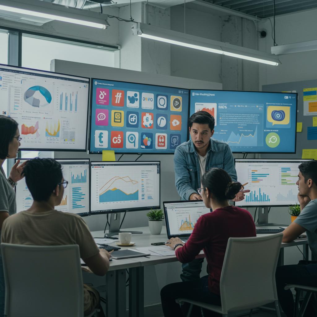 Zespół specjalistów analizujący dane z mediów społecznościowych w biurze agencji.