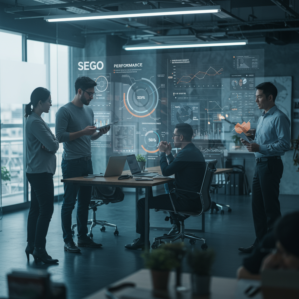 Zespół specjalistów analizujący zaawansowane dane z pozycjonowania stron w nowoczesnym biurze.