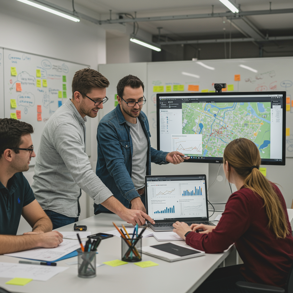 Zespół specjalistów marketingu cyfrowego analizujący dane SEO lokalnego w biurze.