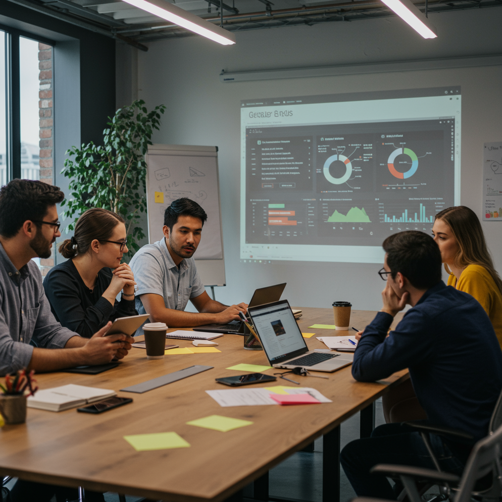 Zespół specjalistów marketingu dyskutujący nad optymalizacją kampanii Google Ads