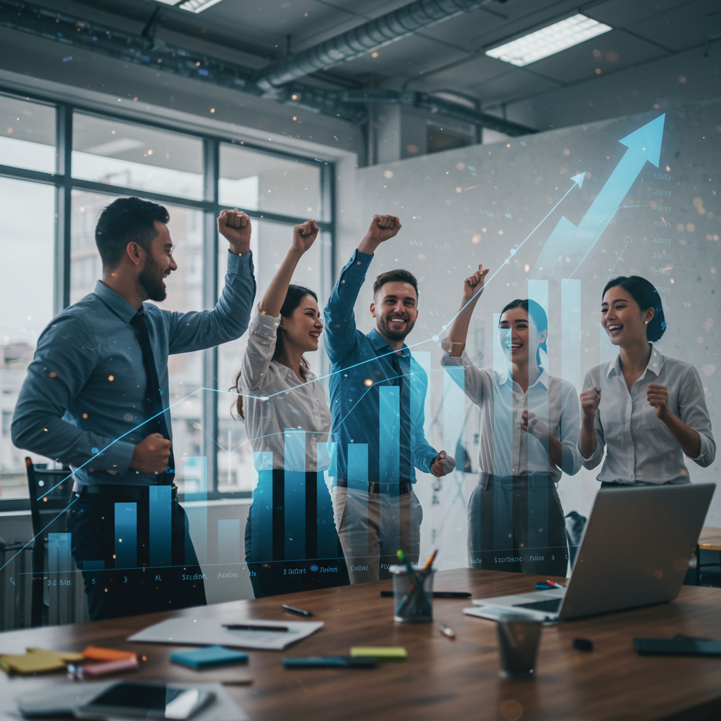 Zespół świętujący sukces i wzrost biznesowy w nowoczesnym biurze