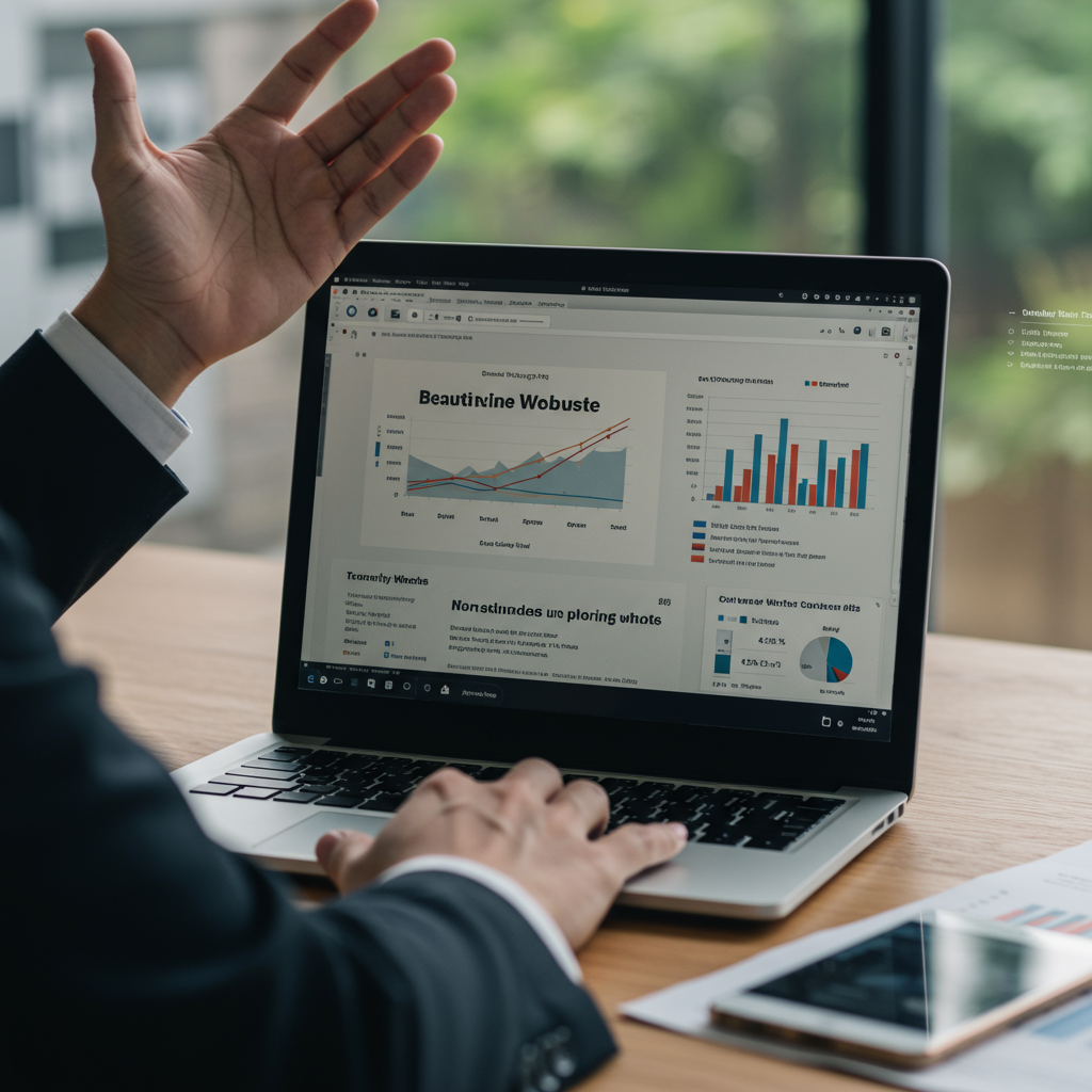 Zfrustrowany właściciel firmy patrzący na ekran laptopa z niskimi wynikami strony