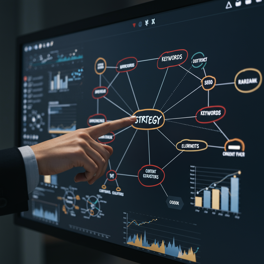Złożona mapa myśli i wizualizacja danych na temat strategii pozycjonowania stron