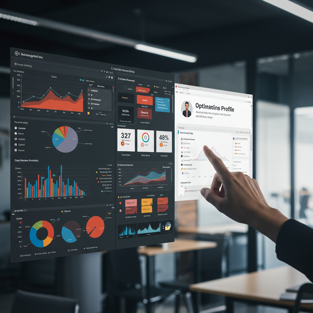 Złożony panel analityczny z danymi marketingowymi, wskazujący na optymalizację Google Business Profile