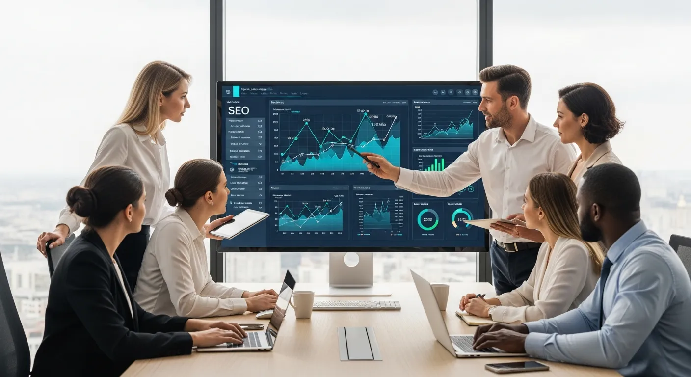 Zespół Agencji Interaktywnej analizujący wyniki pozycjonowania stron na wykresach