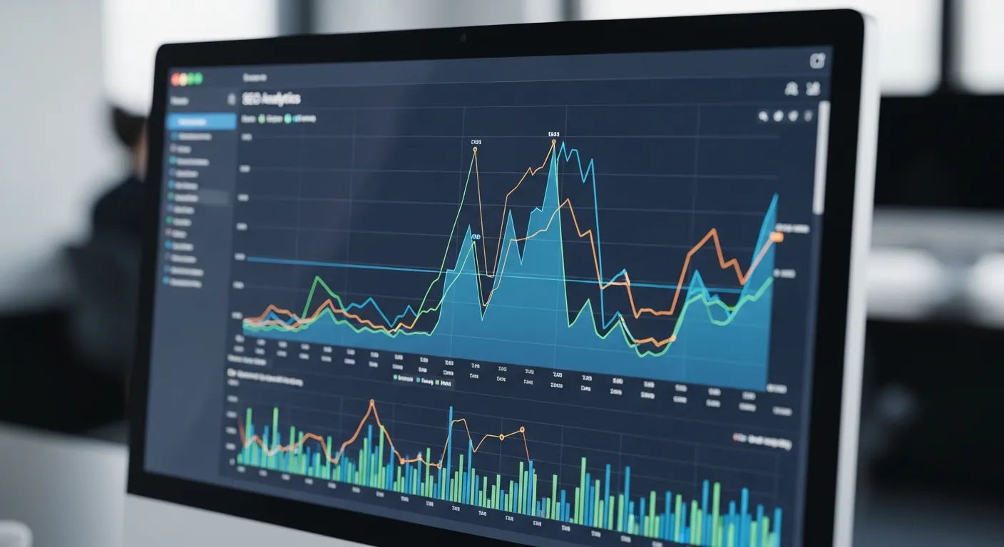 Wykresy wzrostu widoczności SEO na ekranie monitora w agencji interaktywnej