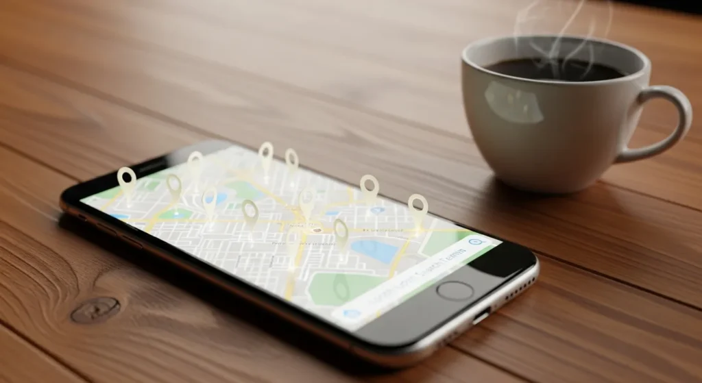 Telefon z mapą i zaznaczonymi lokalizacjami firm