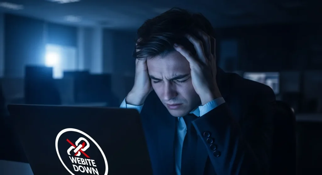 Zestresowany właściciel firmy patrzący na błąd strony internetowej