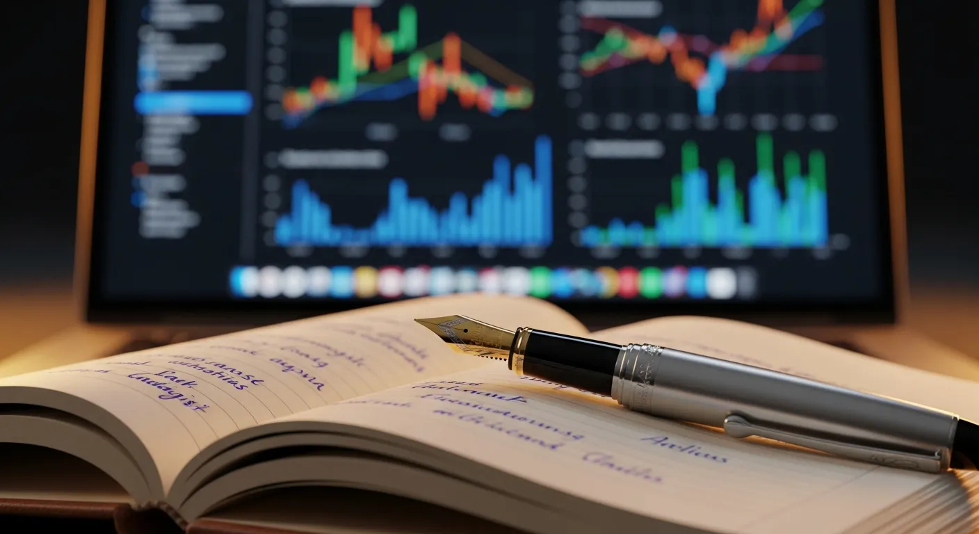 Profesjonalne stanowisko copywritera z notatkami i laptopem