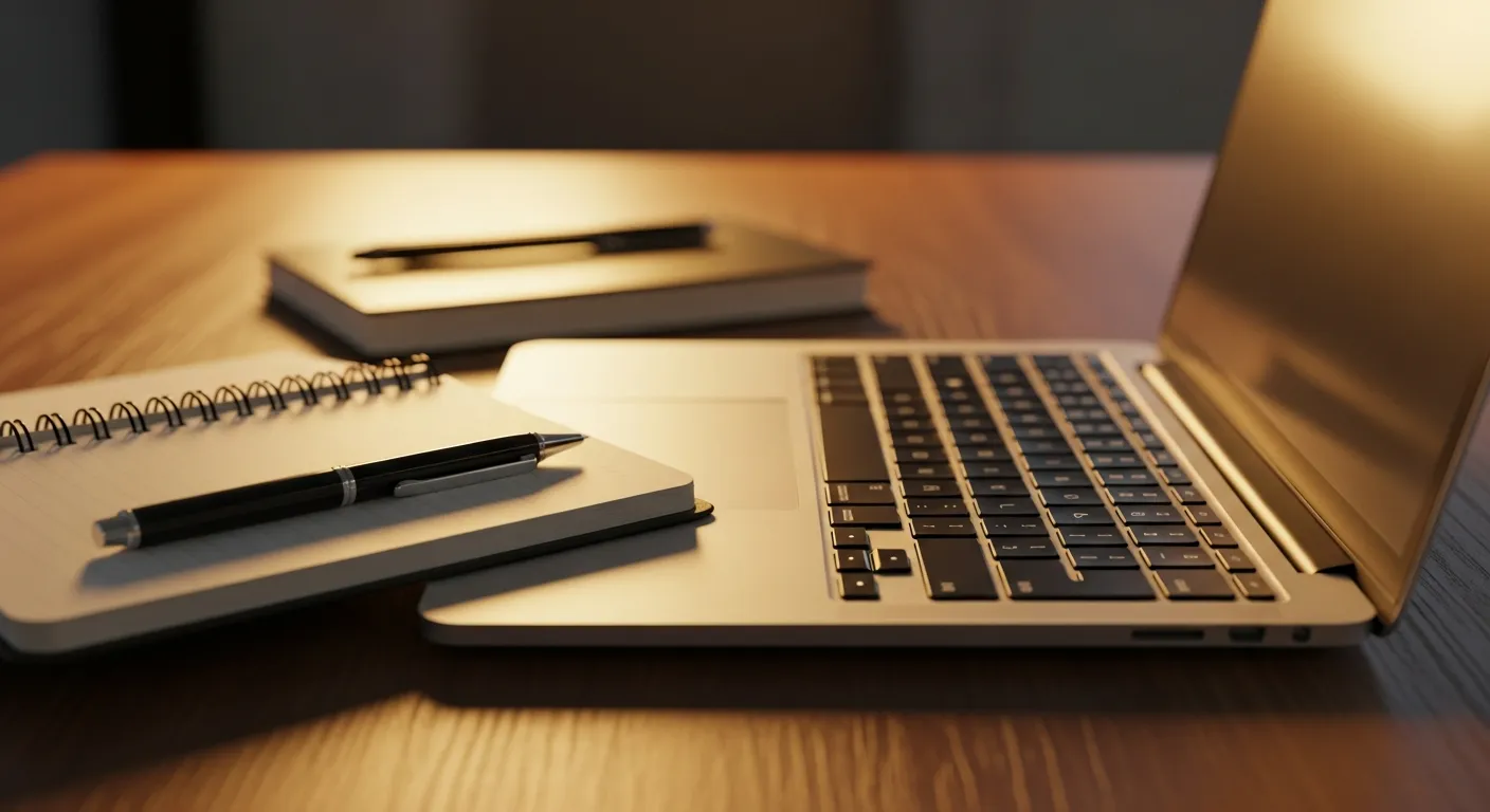 Laptop i notatnik na biurku copywritera