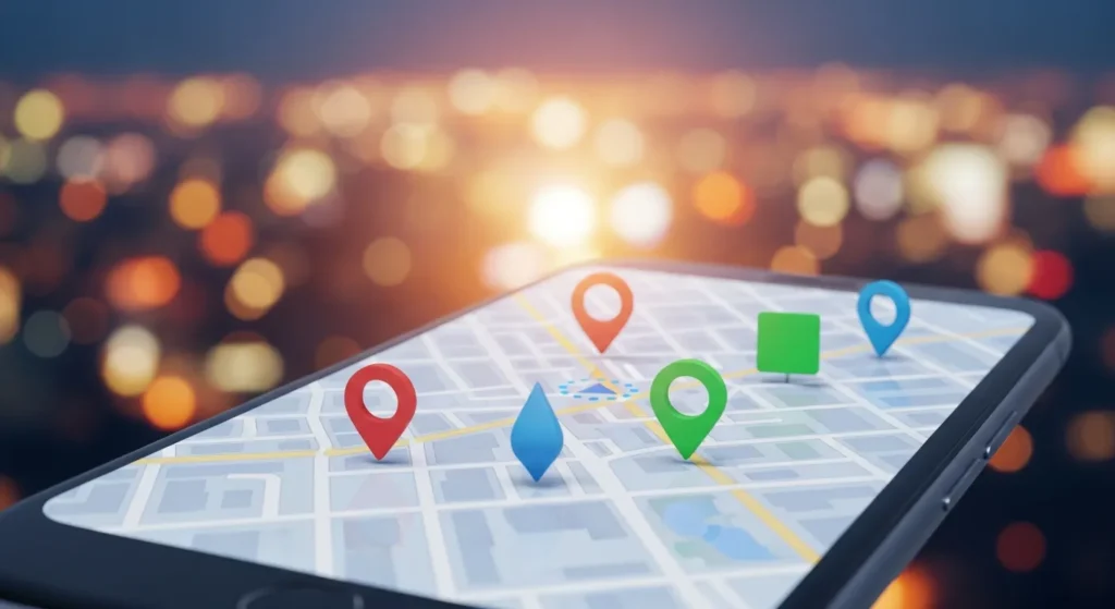 Smartfon wyświetlający wyniki wyszukiwania lokalnego na mapie