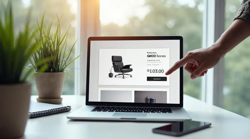 Dłoń wskazuje cenę na karcie produktu otwartej na laptopie w jasnym biurze