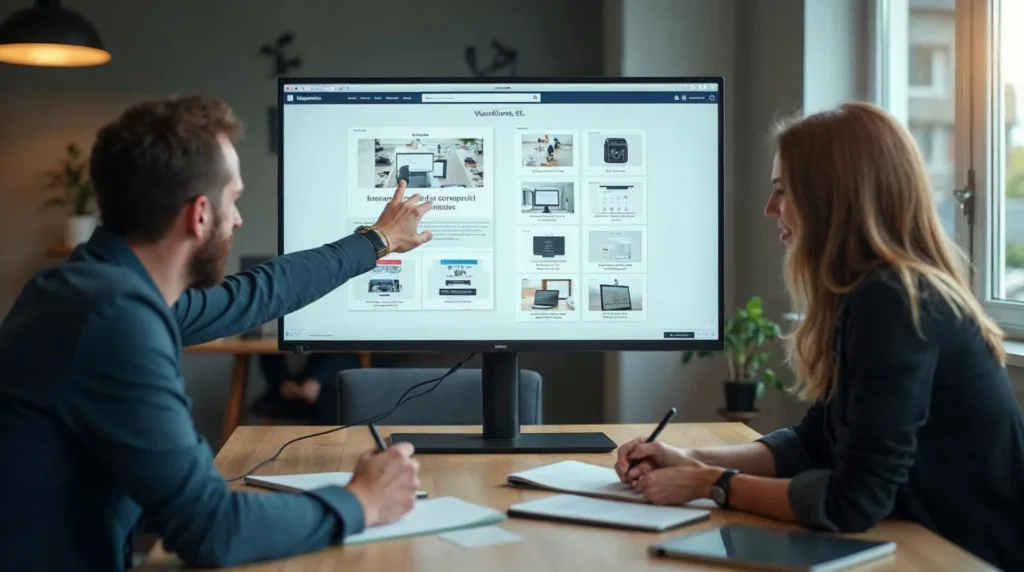 Dwoje specjalistów analizuje makiety strony i grafiki social media w sali konferencyjnej