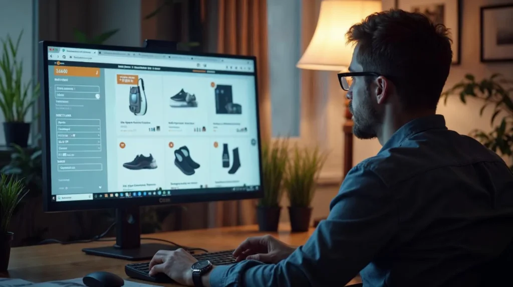 Projektant sprawdza blok ceny i oznaczenie promocji na monitorze w biurze